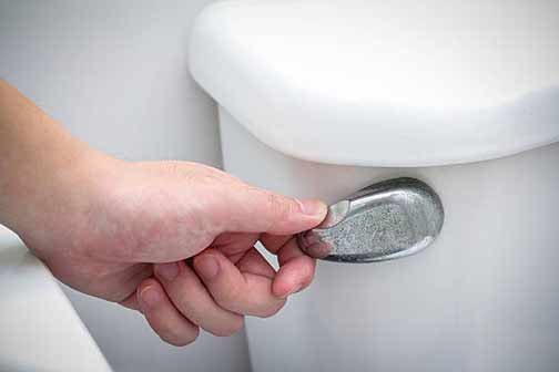 a person flushing a toilet