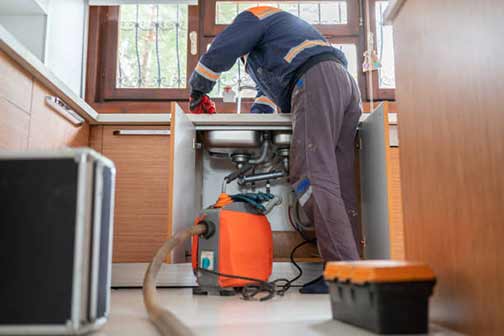 a professional plumber cleaning a kitchen sink drain
