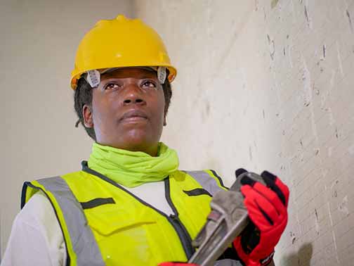 A plumber with a safety helmet holding a pipe wrench