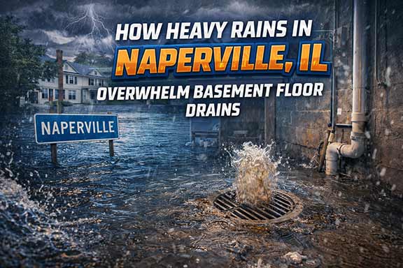 a flooded street showing a basement floor drain flooding