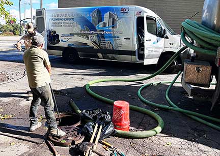Commercial drain cleaning in Chicago Illinois with technician clearing blocked drainage system
