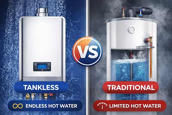 comparing tankless and traditional water heaters