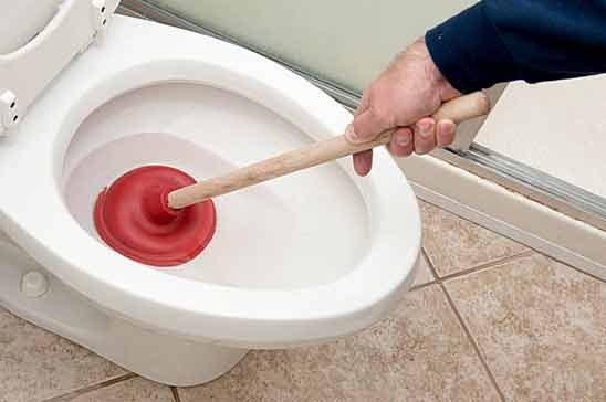 a man fixing a clogged toilet.