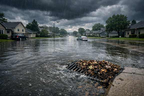 Aerial view of a flooded suburban street in the Chicago during a heavy rainstorm