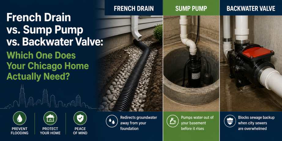 french drain vs sump pump vs backwater valve chicago