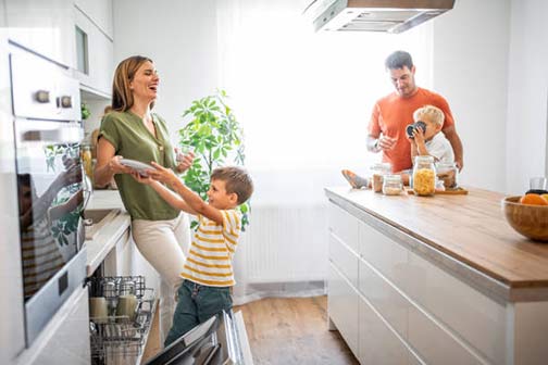 a happy family in a clean kitchen