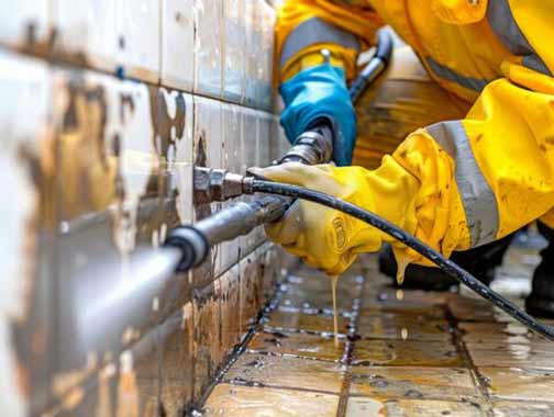 a commercial plumber performing a hydro jet drain cleaning