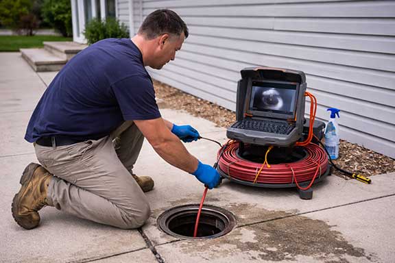 a plumber performing a sewer camera inspection in berwyn illinois