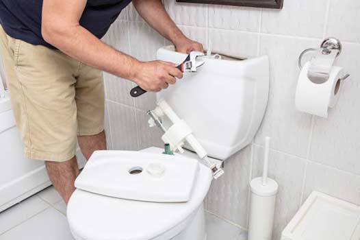 a man performing a toilet repair.